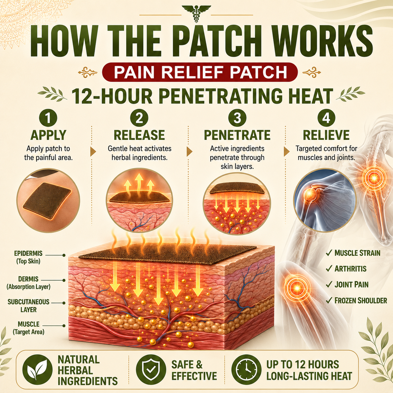 🌿 Pain Relief Patch — 12 Hours of Penetrating Heat That Works Deep — Soothes Arthritis, Muscle Strain & Frozen Shoulder Naturally-Q1